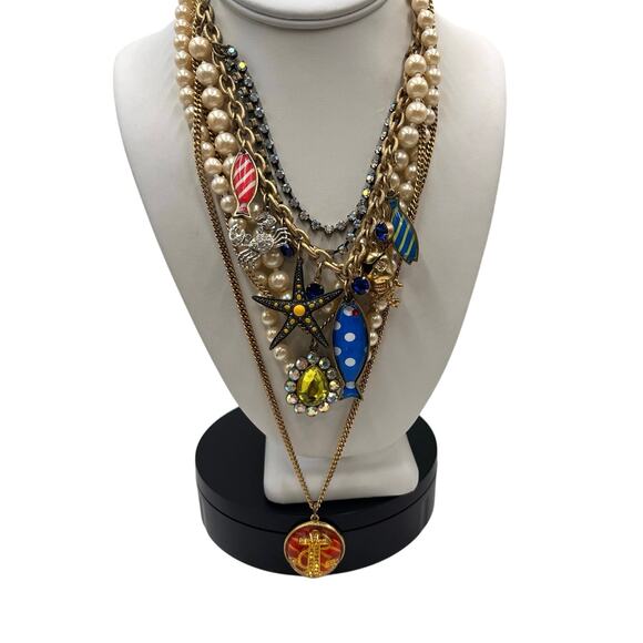 Betsey Johnson Bold MultiStrand Fish Nautical Lucite Anchor Crab Pearl Necklace - Picture 1 of 14